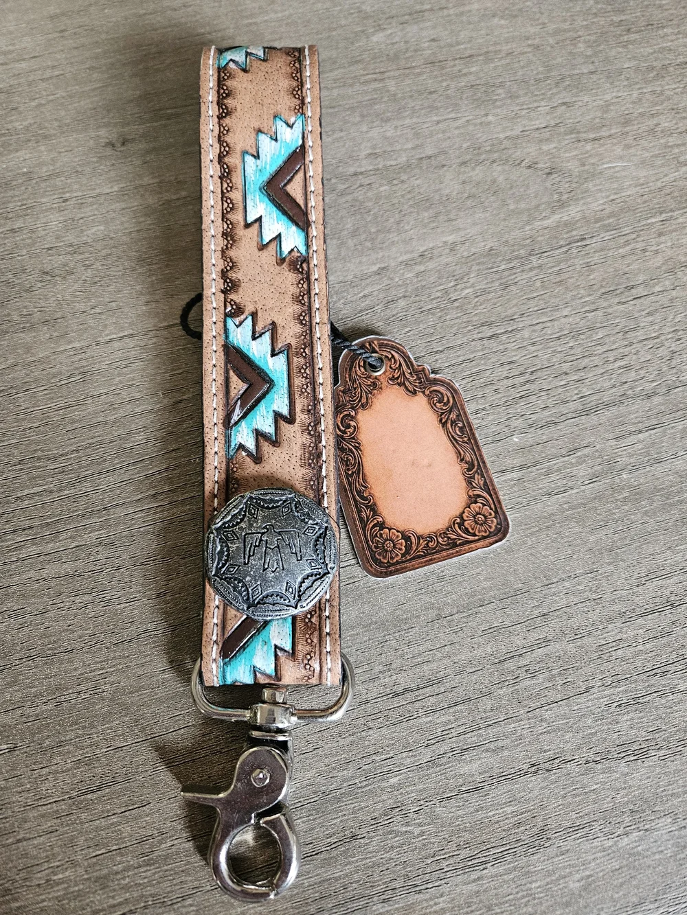 Handcrafted Brown Leather Keychain Wrist Strap with Turquoise Accents-NWT